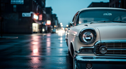 Vintage White Classic Car Parked on Wet City Street at Night