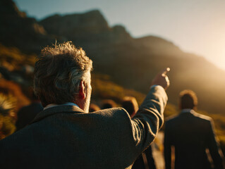 Business leader pointing toward horizon while team follows outdoor corporate retreat setting natural mountain backdrop warm.