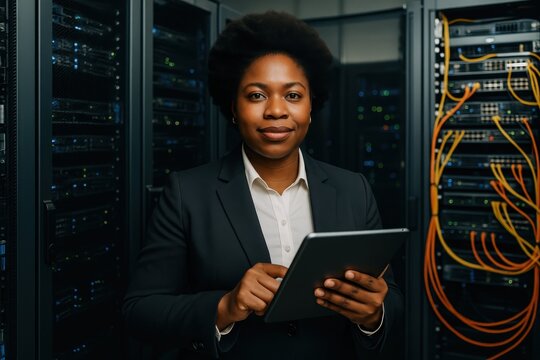 African American female technology executive leading team in state-of-the-art data center - Powered by Adobe