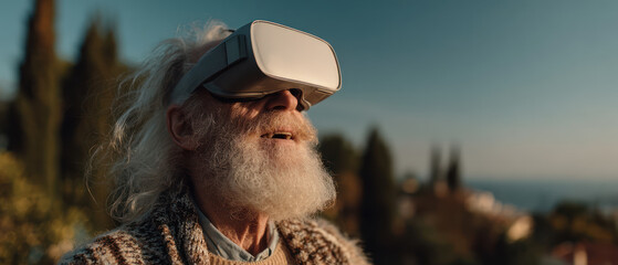 Elderly man enjoying virtual reality experience outdoors with peaceful expression and scenic background.