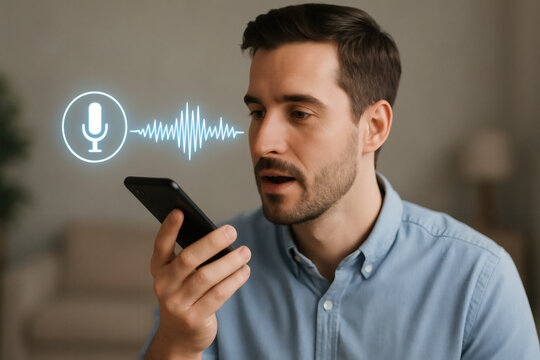 Man using voice assistant on smartphone for search or commands with microphone and sound waves effect