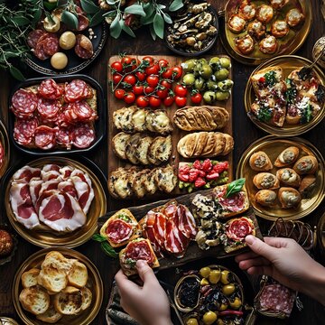 Overhead shot of a gourmet canap spread with French foie gras, Spanish jamn ibrico, and Italian brus