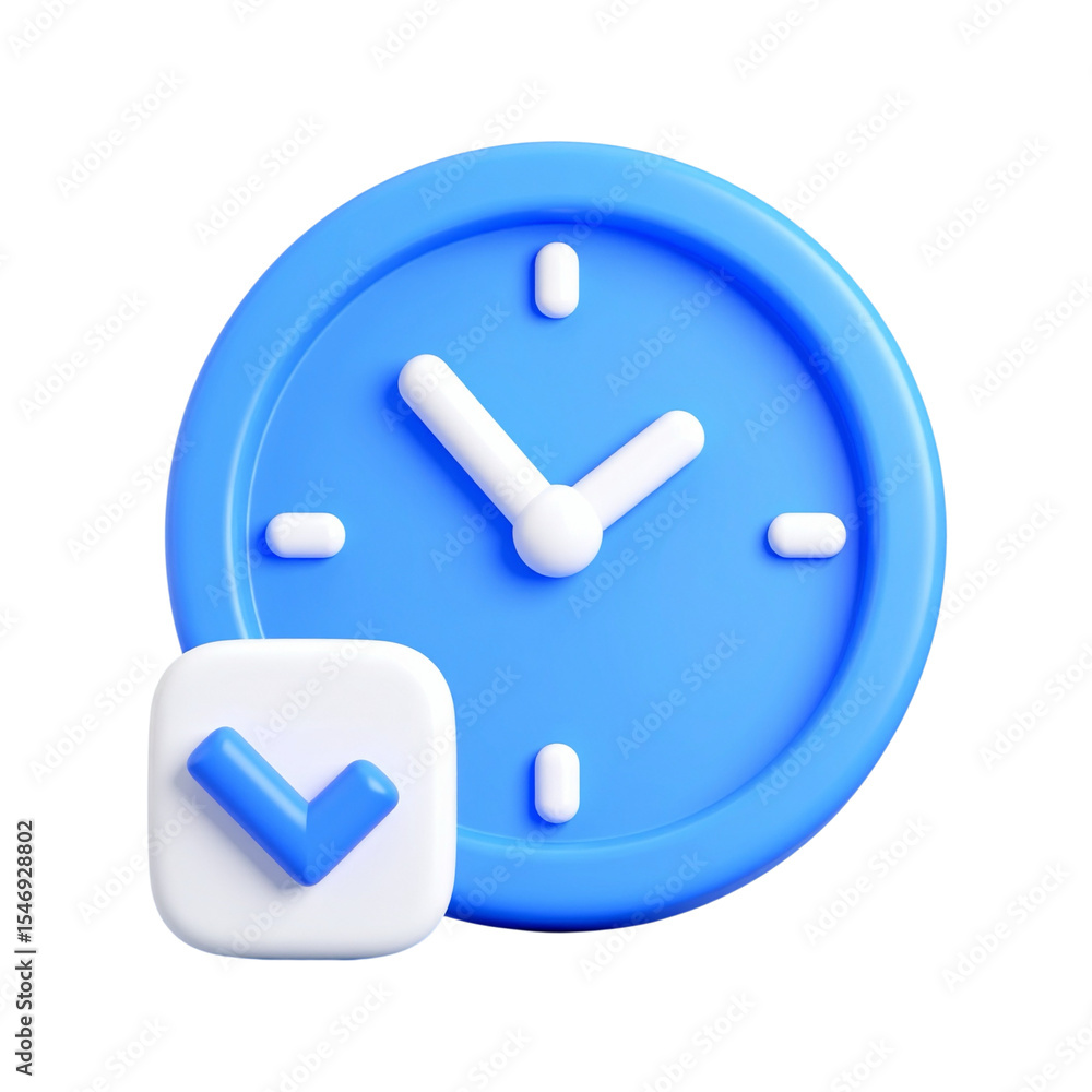 Poster a 3d rendered blue clock icon with a checkmark, symbolizing punctuality and task completion.