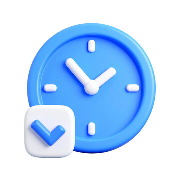A 3D rendered blue clock icon with a checkmark, symbolizing punctuality and task completion.
