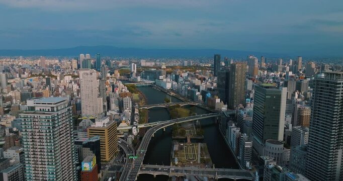 Aerial view  over Downtown Osaka