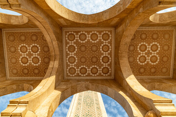Ornate, arched ceiling design of a mosque.