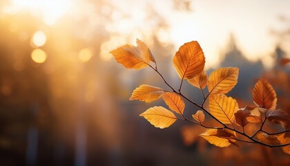 Obraz premium autumnal whispers a delicate branch adorned with few leaves stands in stark contrast against a blur of a forest bathed in a warm autumn glow hinting at the changing seasons