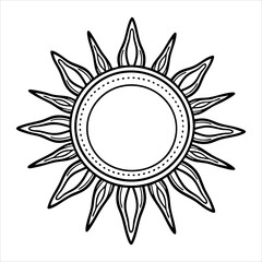 A black and white line drawing of a sun with sharp elongated rays emanating from a dotted circle