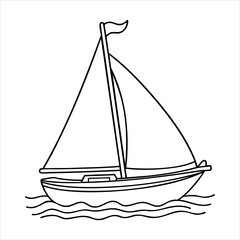 A black and white drawing of a sailboat on wavy water