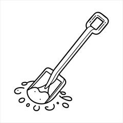 A blackandwhite drawing depicts a shovel partially filled with soil and surrounded by scattered dirt clumps