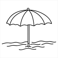 A beach umbrella sits above sand and rippling water drawn in simple black outlines