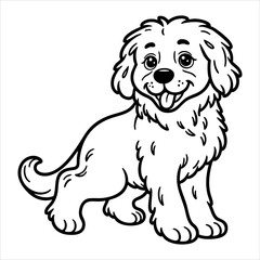 A black and white cartoon drawing of a smiling fluffy dog sitting with its tongue sticking out
