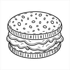 A black and white line drawing of a round sandwich with burger filling
