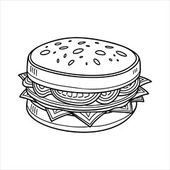 A blackandwhite line drawing of a hamburger with visible layers of ingredients topped with sesame seeds