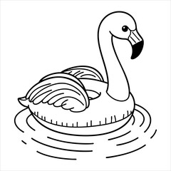 A blackandwhite line drawing of a flamingo pool float on water