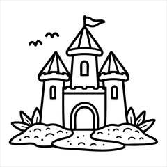Fototapeta premium A blackandwhite line drawing of a sandcastle with a flag turrets and surrounded by dunes and flying birds