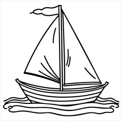A cartoon sailboat rendered in clean black lines bobs on stylized waves It features sails a mast and striped hull