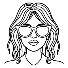 A drawing of a womans face with sunglasses shoulderlength wavy hair and a neutral expression