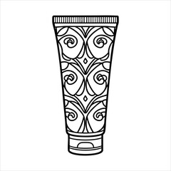 A cream tube with an ornate pattern covering most of its surface