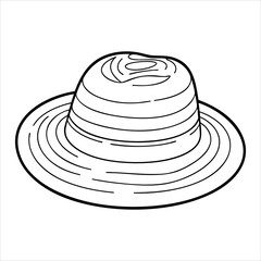 A line art drawing depicts a fedora style hat The hat has a brim and a rounded crown with a ridged design
