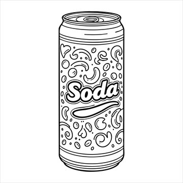 A blackandwhite illustration of a soda can with the word Soda on it and swirling designs