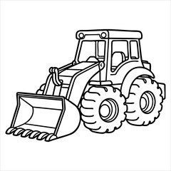 Black and white line art depicts a construction vehicle specifically a front loader