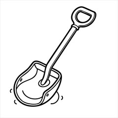 Black and white illustration of a shovel angled with a Dshaped handle