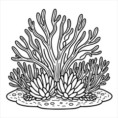 Black  white coral bushy plant with petallike base atop an uneven dotted mound