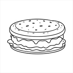 Black and white sketch of a sandwich showing layers of filling between two bread slices topped with seeds