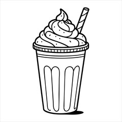 Blackandwhite drawing of a milkshake with whipped cream and a straw in a plastic cup