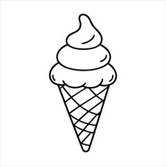 Blackandwhite line drawing of an ice cream cone with three scoops