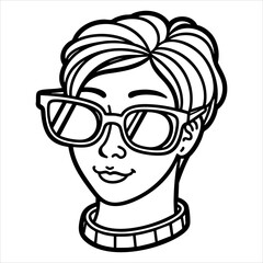 Cartoon face with short hair glasses  a sweater Black line drawing