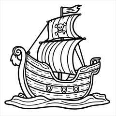 Cartoon pirate ship on waves featuring a skullandcrossbones sail