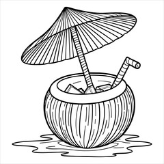 Coconut cocktail with ice a straw and a decorative umbrella
