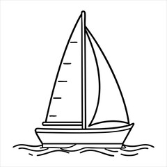 Line art depicts a sailboat with two sails and a mast atop water
