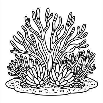 Black  white coral bushy plant with petallike base atop an uneven dotted mound