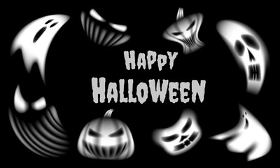 Glowing ghosts and sinister pumpkins surround the Happy Halloween text on a black background. A mysterious and eerie atmosphere perfect for Halloween-themed design.