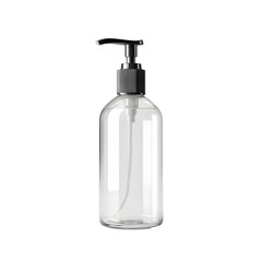 Clear liquid dispenser on a black background with a pump mechanism for personal hygiene and hand sanitization