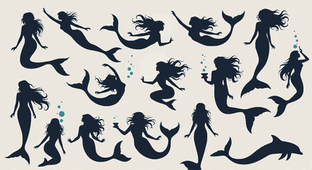 Fototapeta premium Mermaid Silhouette Vector Illustration set 