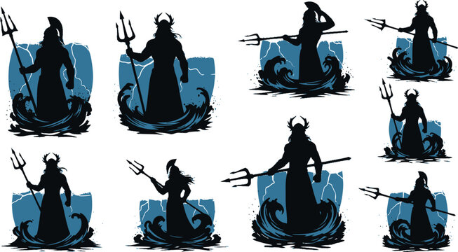 Greek Mythic Sea God Poseidon Silhouette Vector Illustration Set
