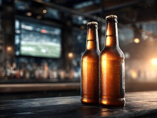 Two cold beer bottles sit on a wooden bar with a blurry sports game playing on a large screen behind them.