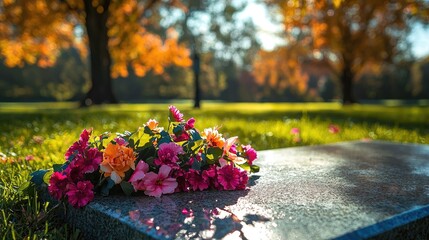 Naklejka premium Seasonal Flowers Laid in Front of Polished Headstone in Cemetery