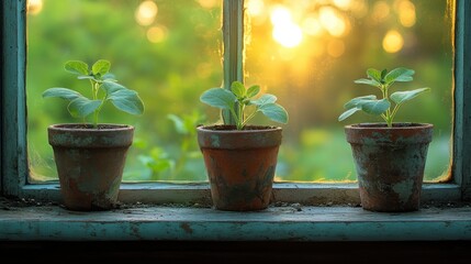 Three Plants in Terracotta Pots on Windowsill