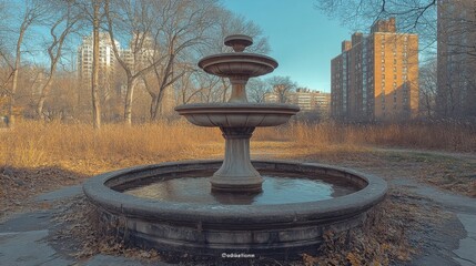 Stone Fountain in Autumn Park with Buildings