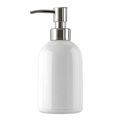 Elegant white dispenser with a sleek, chrome pump, set against a black background. Clean design for any decor.