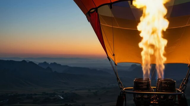Breathtaking Hot Air Balloon Ride at Sunrise: A Journey Above the Mountains, Illuminated by Fiery Flames, Unveiling Tranquil Vistas
