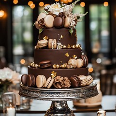 Overhead shot of a tiered wedding cake with French macarons, Belgian chocolate ganache, and edible g