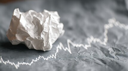 Obraz premium Crumpled Paper Ball on Gray Stock Market Graph Background Business Finance Failure Concept Image High Resolution Detailed Texture White Paper Ball data risk loss debt chart trend 