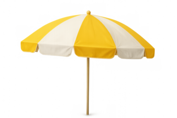 Open beach umbrella with yellow and white alternating panels, offering protection from the sun, isolated on a transparent background