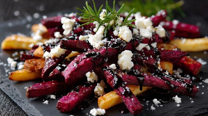 Delicious Roasted Beetroot Fries with Feta Cheese and Balsamic Glaze Gourmet Food Photography High Resolution Image Perfect for Restaurant Menus or Food Blogs Appealing Visuals    